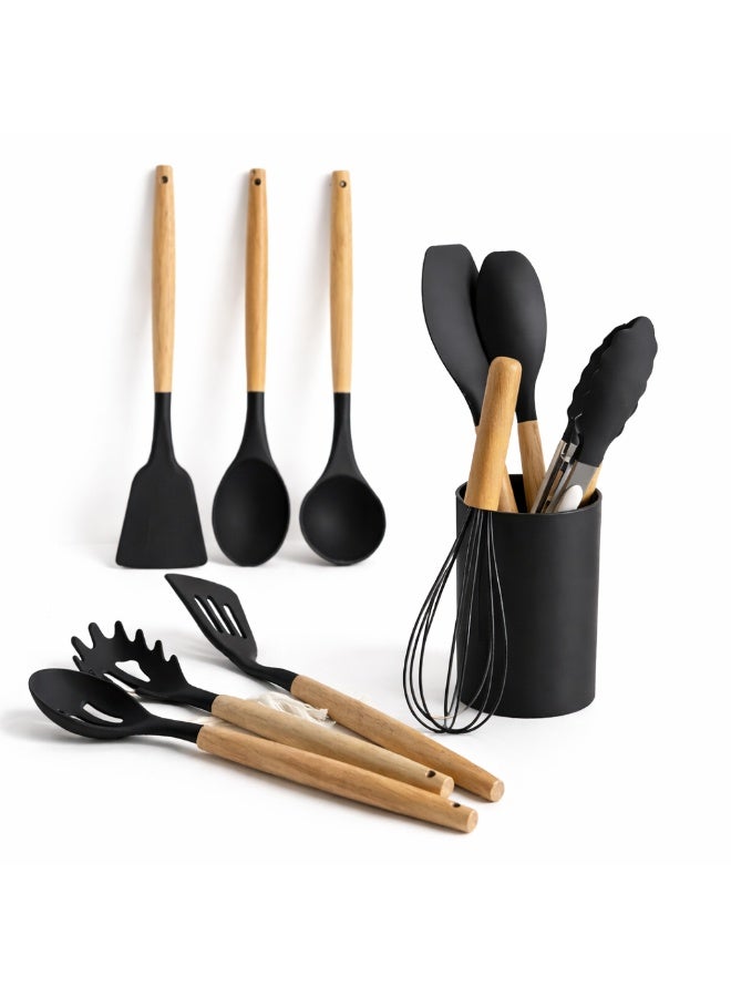 TaimAs Kitchen Utensil Set 12 Pieces Silicone Cooking Tools BPA-Free Heat Resistant Wooden Handle for Nonstick Cookware - Image 1